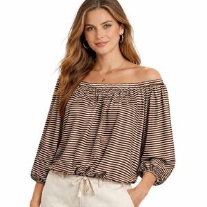 Max Studio London Striped Off Shoulder Gathered Waist Long‎ Sleeve Top Size L